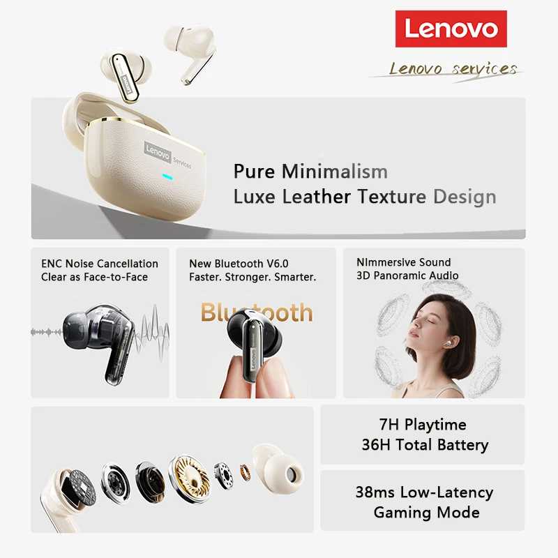 Фотография №5 товара Беспроводные кожаные наушники Lenovo LE208 TWS Bluetooth 6.0, стереонаушники с