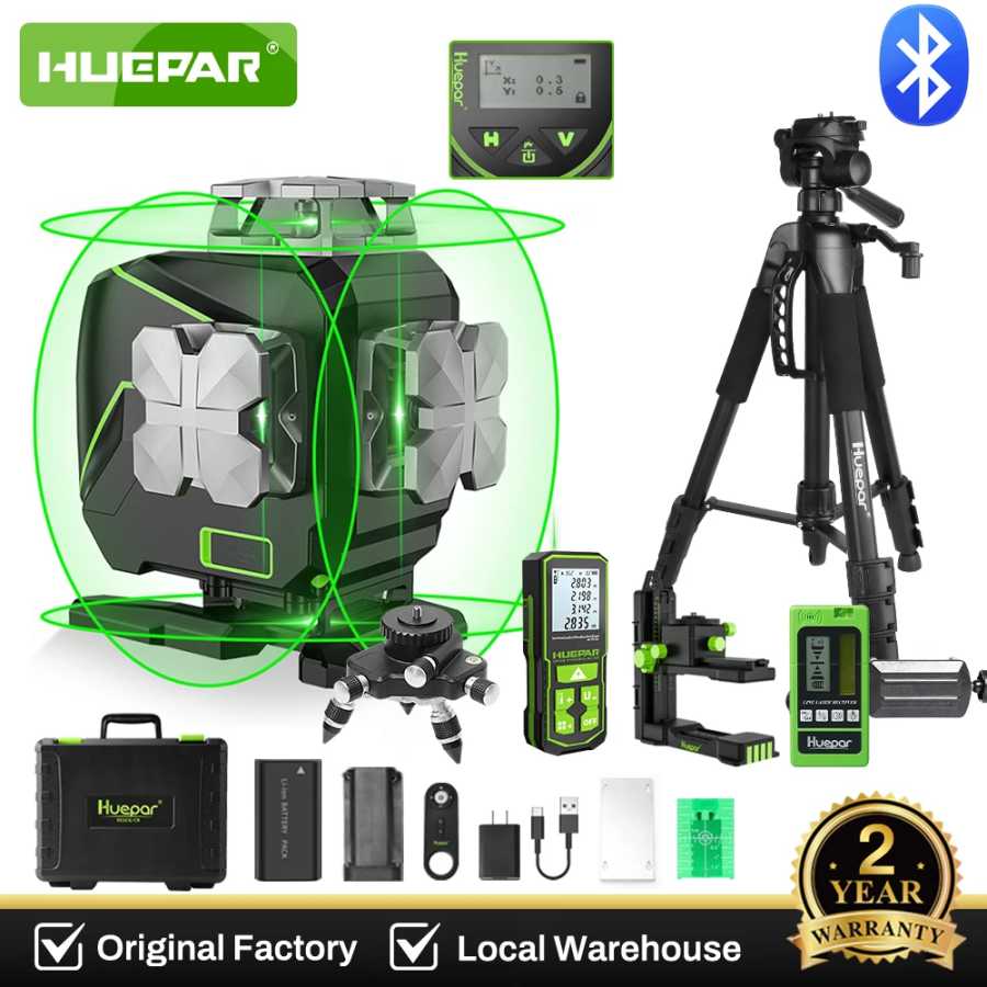 Huepar 4D 16-линейный лазерный уровень самовыравнивающийся 4x360 &deg; Перекрестный ЖК-экран Bluetooth с дистанционным управлением, зеленый луч, плитка пола с приемником Инструменты для измерения и анализа