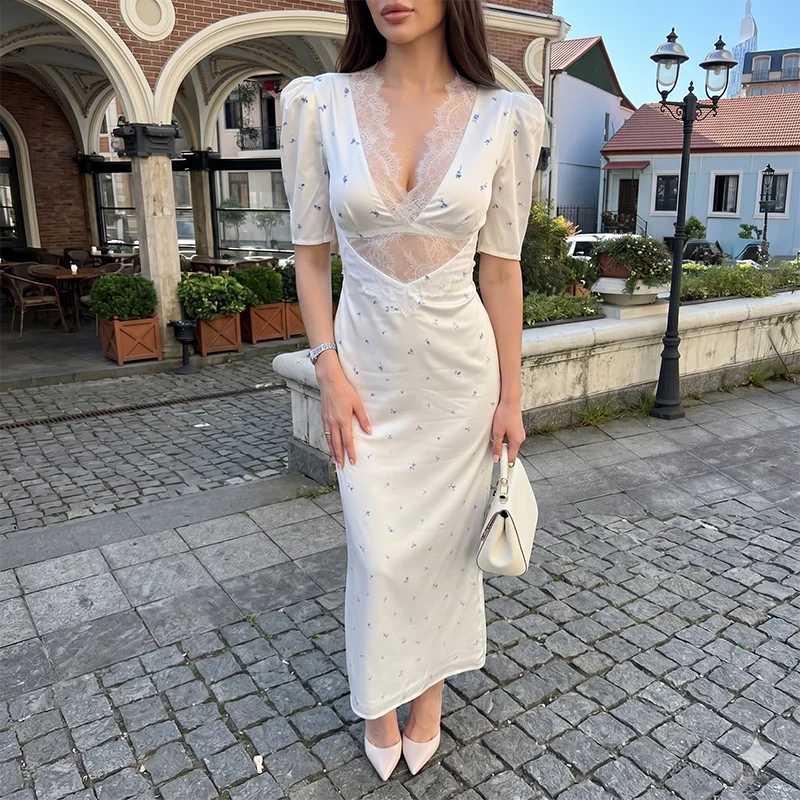 Фотография №5 товара TARUXY сексуальное кружевное платье с коротким рукавом, элегантное тонкое платье