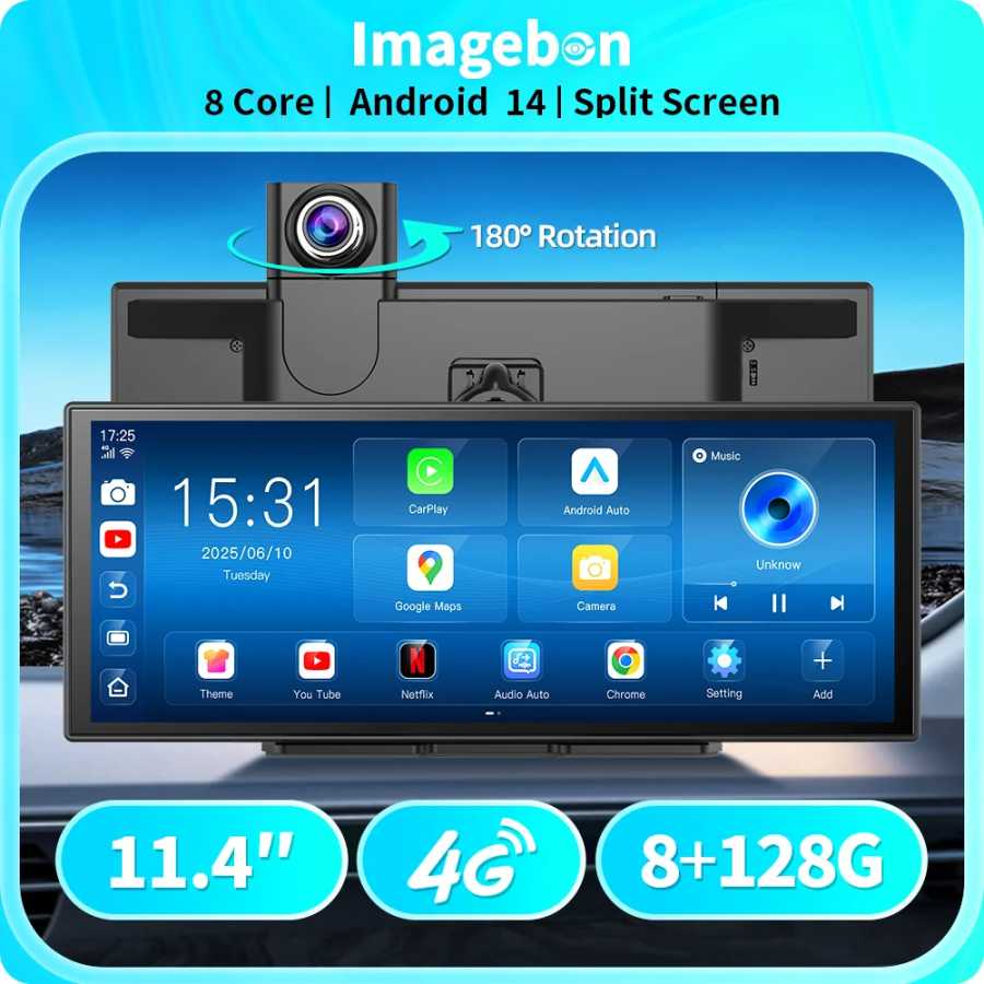 Imagebon M70 11,4 "4G Android 14 8 + 128G Видеорегистратор 8-ядерный беспроводной CarPlay и Android с автоматическим разделенным экраном Автомобильный видеорегистратор с дистанционным мониторингом Автоэлектроника