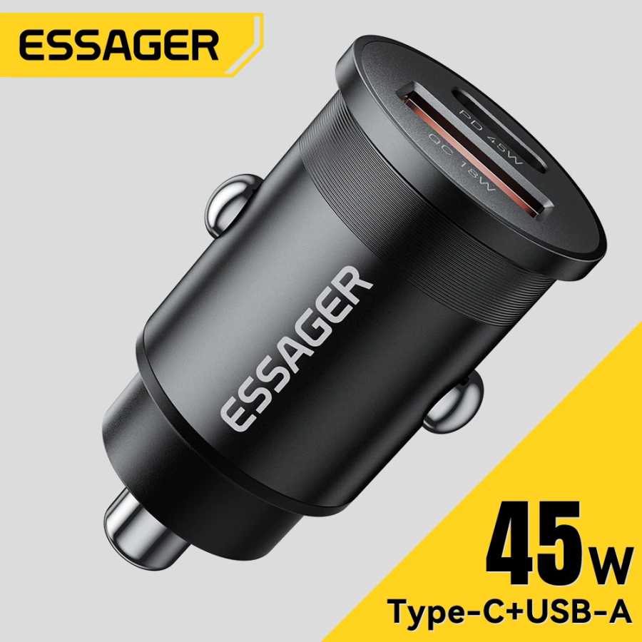 Автомобильное зарядное устройство Essager 45 Вт, быстрая зарядка, двухпортовое быстрое зарядное устройство PD QC3.0 Type-C для iPhone 16 15 14 Samsung Xiaomi Huawei Oppo Аксессуары для мобильных телефонов
