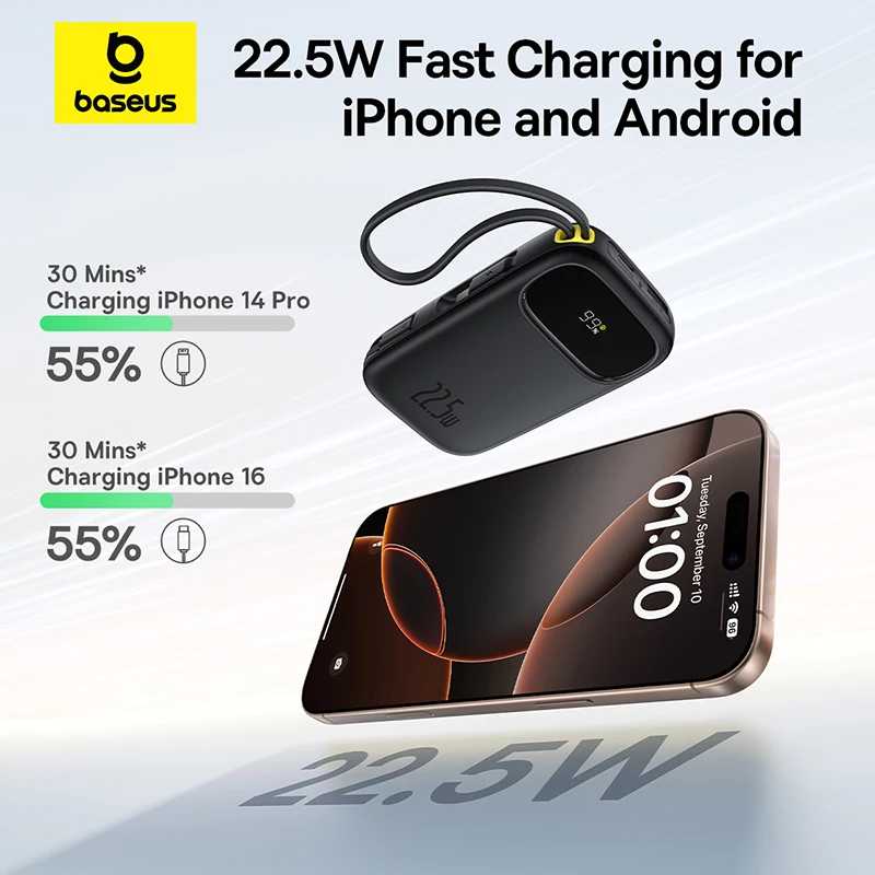 Фотография №1 товара Baseus 10000/20000mAh 22.5W Power Bank со встроенным выдвижным кабелем USB-C/Lightning