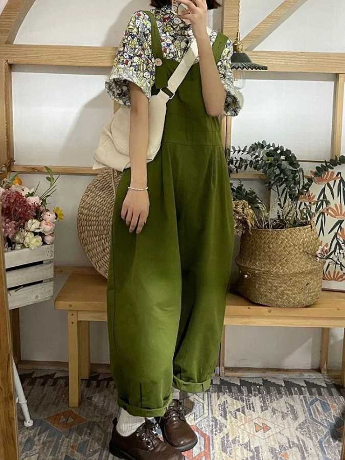 Комбинезоны с широкими бретелями, женские повседневные зеленые однотонные мешковатые уличные комбинезоны до щиколотки в стиле Харадзюку для студентов в консервативном японском стиле Mujer Короткие и длинные комбинезоны и боди