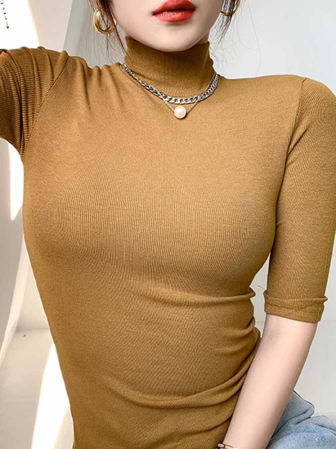 Фотография №1 товара Basic Cotton T Shirt Women Turtleneck Slim Tshirt Short Sleeve