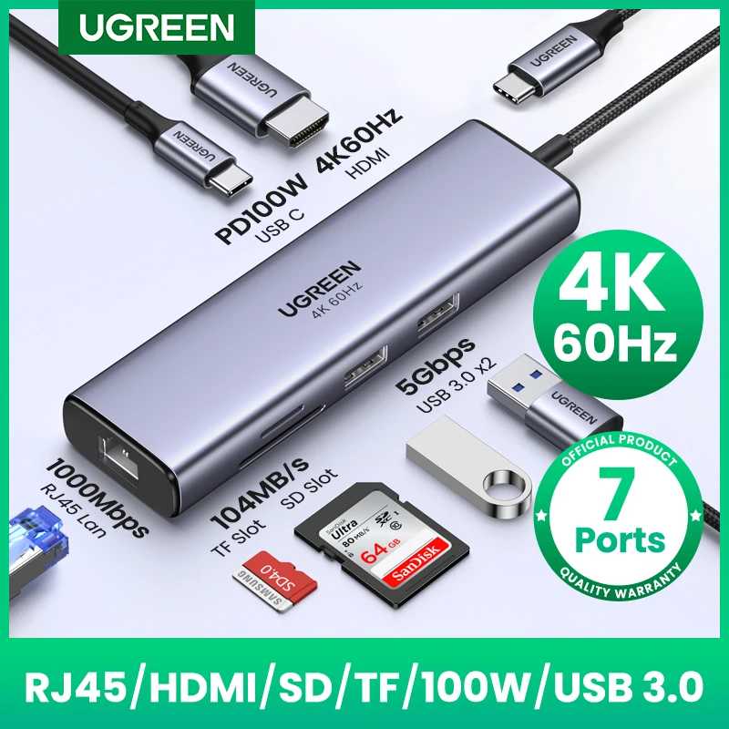 USB-разветвитель UGREEN, USB 3,0, PD100W, 4K 60 Гц, 5 Гбит/с Компьютерная периферия