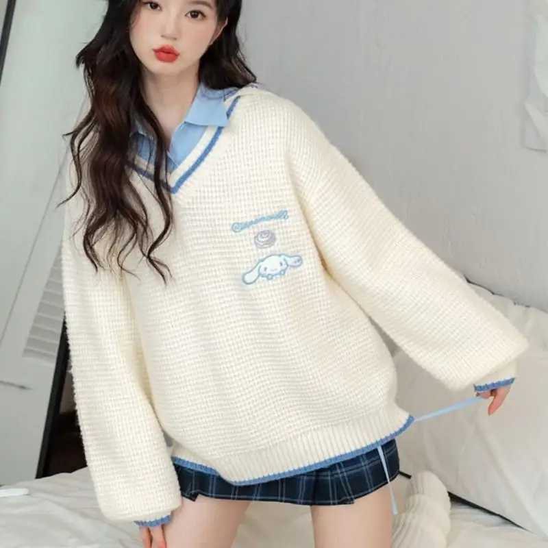 Kawaii Sanrio Kuromi Cinnamoroll вязаный свитер аниме мультфильм вышитый свободный милый топ Kawaii милая милая одежда подарок девушке Свитеры и джемперы