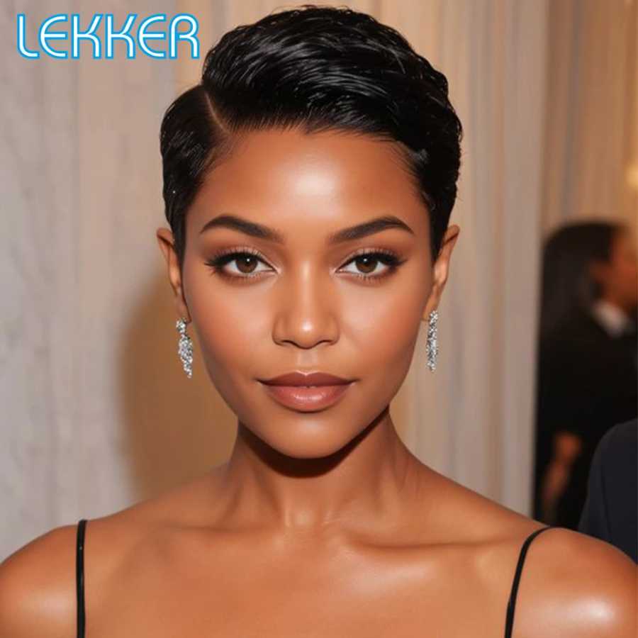 Парик Lekker Black Short Pixie Cut 13X1 с C-образной частью на кружевной основе, 100% натуральные человеческие волосы, для женщин, без клея, из бразильских волос Remy, прямые. Парики из натуральных волос (для брюнетов)