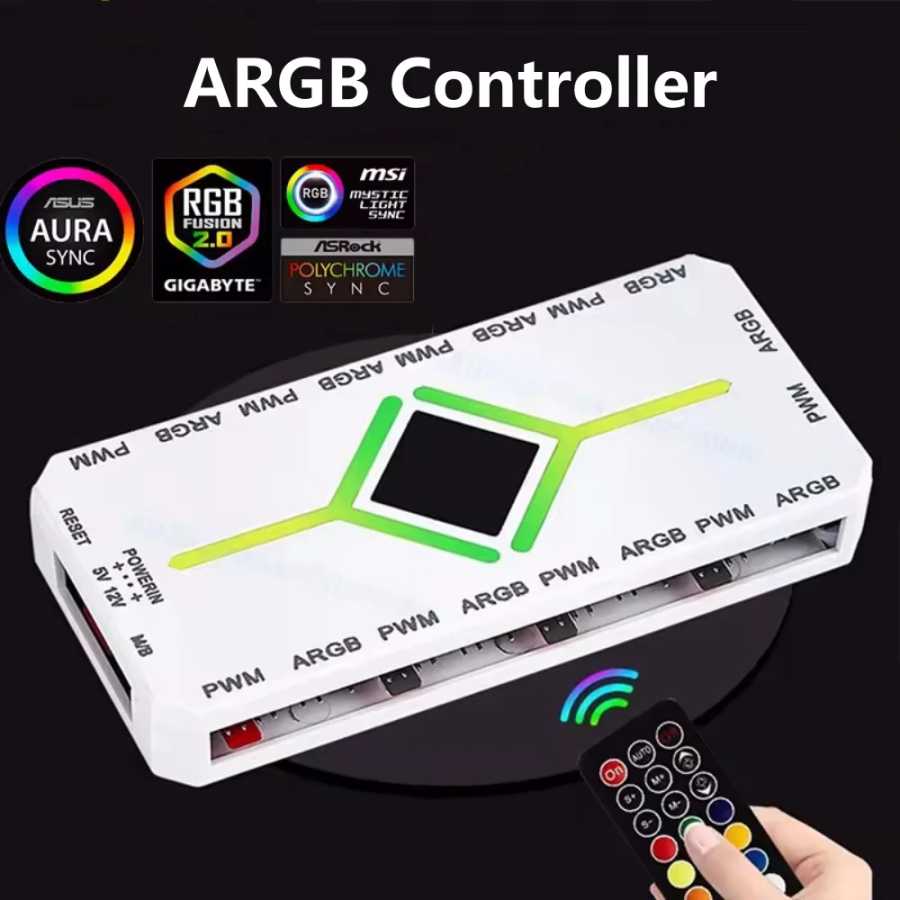  Контроллер ARGB 3-в-1 5В 3-контактный для вентиляторов охлаждения, хаб для вентиляторов PWM 4-контактный с магнитным креплением, хаб PWM для вентиляторов 1-к-9 портов для вентиляторов корпуса ПК Компьютерная периферия