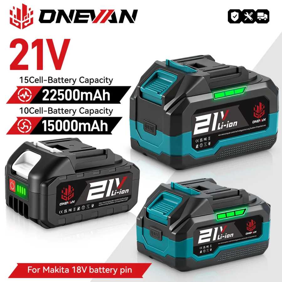 Аккумулятор ONEVAN 15000 мАч/22500 мАч, литий-ионный, перезаряжаемый, с индикатором заряда, для электроинструментов Makita 18V. Детали для электроинструментов