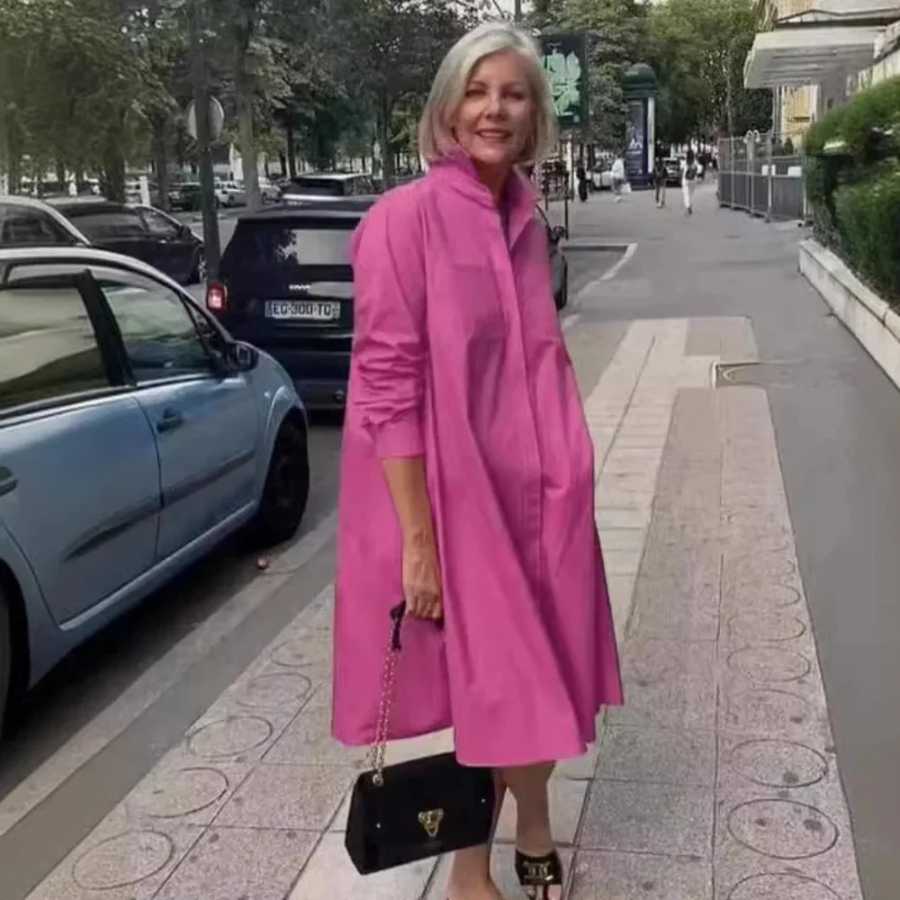 Vestidos женское длинное платье однотонное свободное платье с отложным воротником элегантное темпераментное платье-рубашка на пуговицах 2025 повседневное Платья