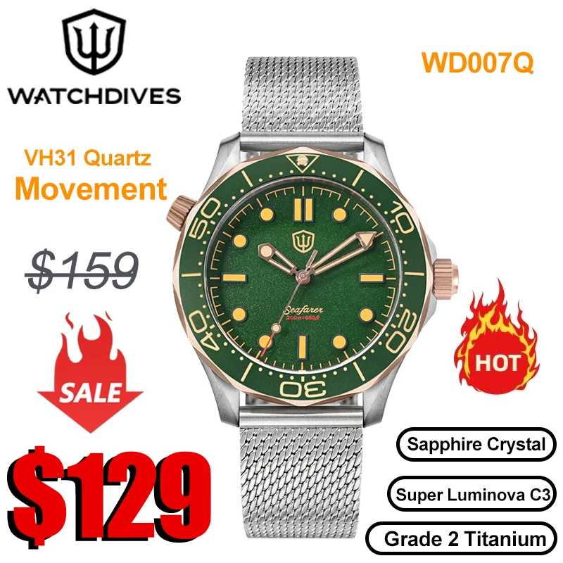 Часы Watchdives WD007Q NTTD из титана класса 2, с кварцевым механизмом VH31, секундной стрелкой, сапфировым стеклом, водонепроницаемостью 200 м и светящимися элементами. Мужские часы