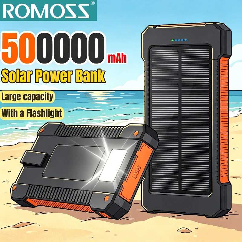 Портативный внешний аккумулятор ROMOSS 500000 мАч на солнечной энергии с супербыстрой зарядкой, большой емкостью, для iPhone, Samsung, Huawei Аксессуары для мобильных телефонов