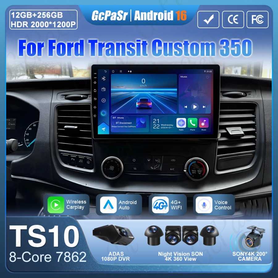 Автомобильный радиоприемник Android 16 для Ford Transit Custom Transit V363 350 Carplay Мультимедийный плеер GPS-навигация 4G Wi-Fi Видео Стерео 2din Автоэлектроника