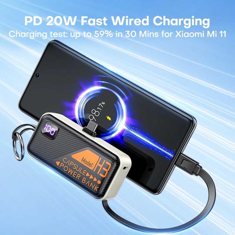 Фотография №2 товара QOOVI Mini Powerbank 5000 мАч Встроенный кабель PD 20 Вт