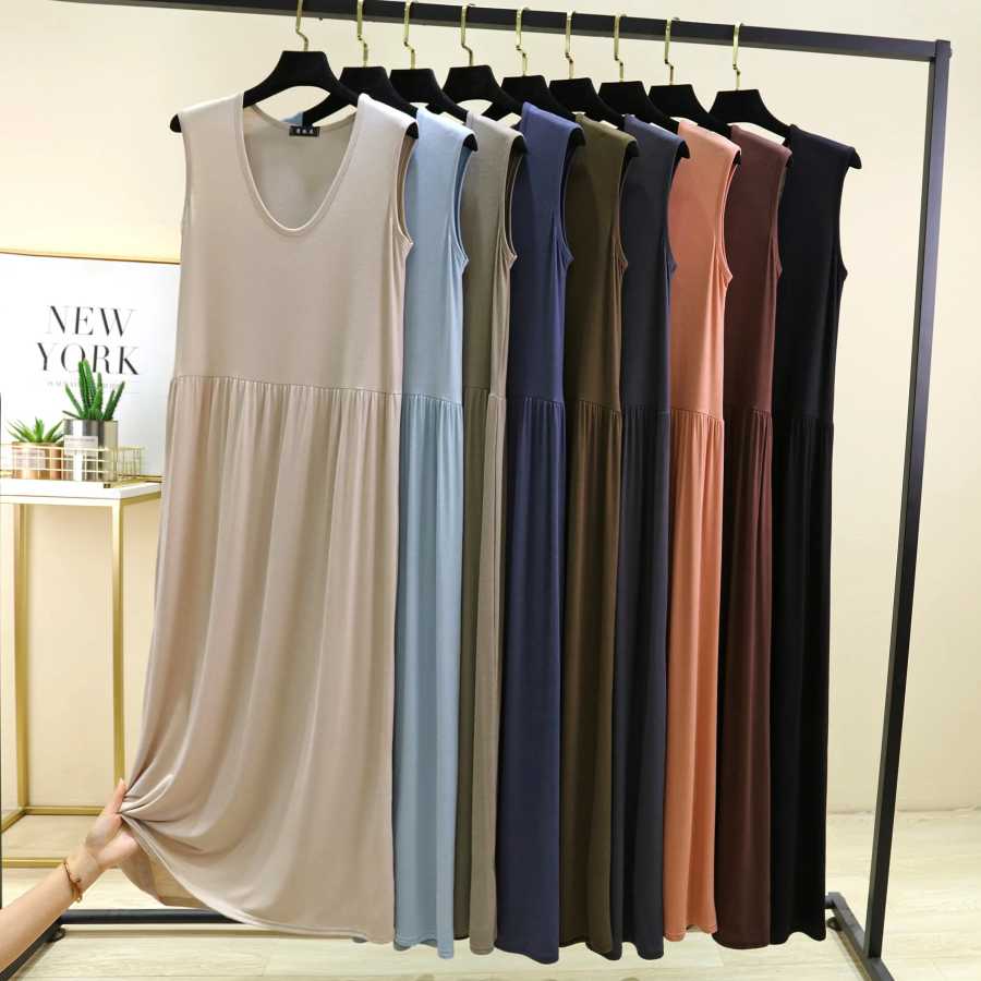 Женское платье больших размеров от L до 6XL. Модальное платье-майка без рукавов. Плиссированная пижама. Платья средней длины с талией. Свободная домашняя одежда. Плюс размер, одежда