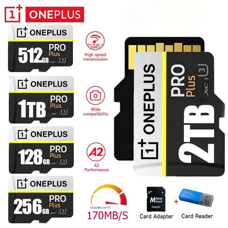 Карта памяти OnePlus 2TB High-Speed V30 A2 4K SD 512 ГБ 256 ГБ 1 ТБ Micro TF SD с адаптером для смартфонов/планшетов/ПК, универсальная Умная электроника