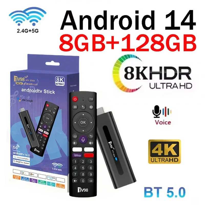 ТВ-приставка TV98 ATV Stick 8K 4K HD с поддержкой видео, BT5.0, Dual WiFi6, 4G, 5G, голосовым управлением, процессором Allwinner H313 Quad Core, 8 ГБ ОЗУ, 128 ГБ ПЗУ ТВ, аудио- и видеотехника