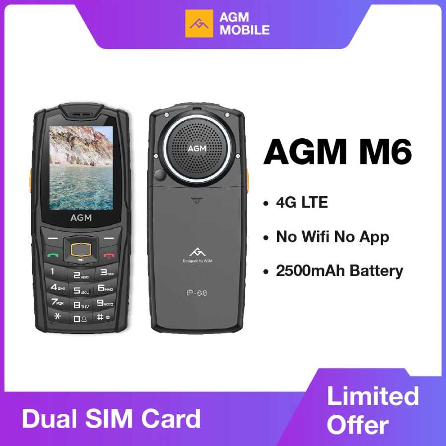Прочный телефон AGM M6 - громкий динамик 103 дБ, экран 2,4 дюйма, 4G, две SIM-карты, аккумулятор 2500 мАч, Bluetooth 5.1, FM-радио, IP68/IP69K - удобный для пожилых людей Мобильные телефоны