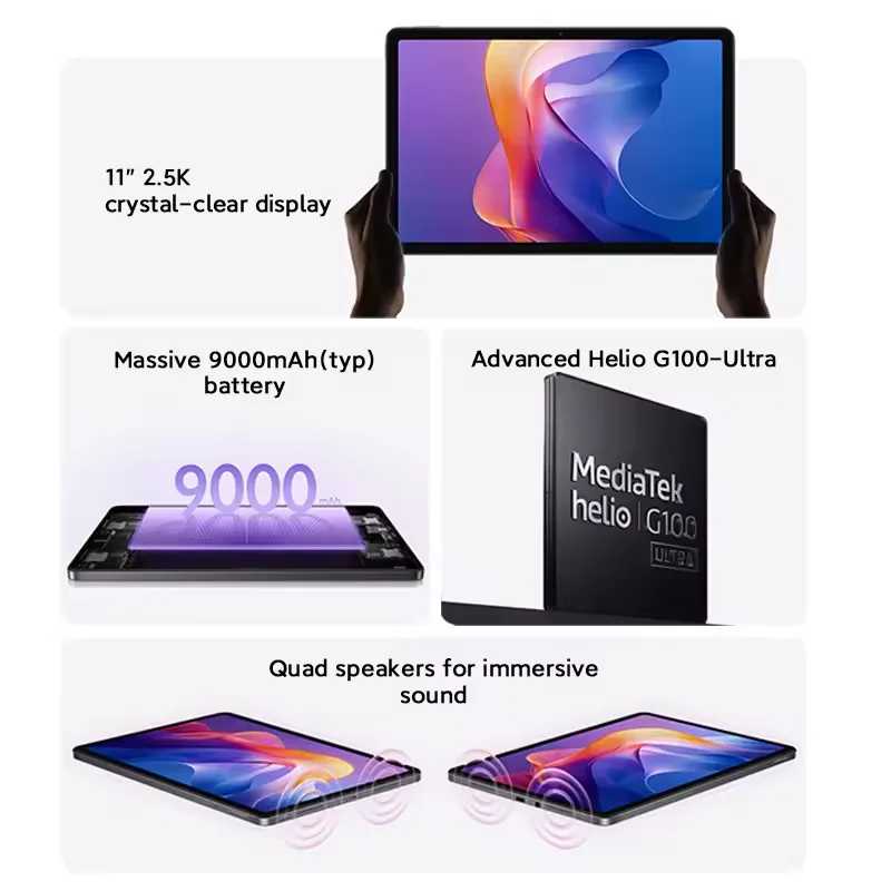 Глобальная версия планшета Xiaomi REDMI Pad 2 с Wi-Fi, HyperOS, 11-дюймовым экраном, аккумулятором 9000 мАч и процессором Mediatek Helio G100 Ultra 