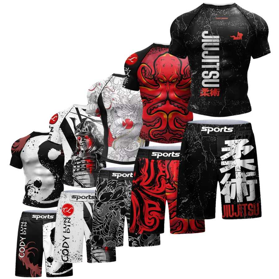 Два комплекта спортивной одежды, рашгард для Bjj Jiu Jitsu Gi + шорты для ММА, брюки для тайского бокса, крутой боксерский костюм, костюм для бега, костюм для фитнеса Шорты