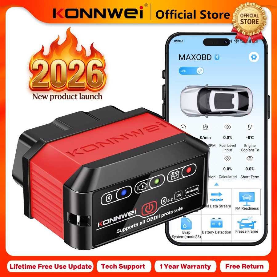 2026 KONNWEI KW905 Профессиональный автомобильный сканер ELM327 OBD2 Bluetooth 5.0 для Android/iOS, считыватель кодов, диагностический инструмент для автомобиля Инструмент для ремонта автомобилей