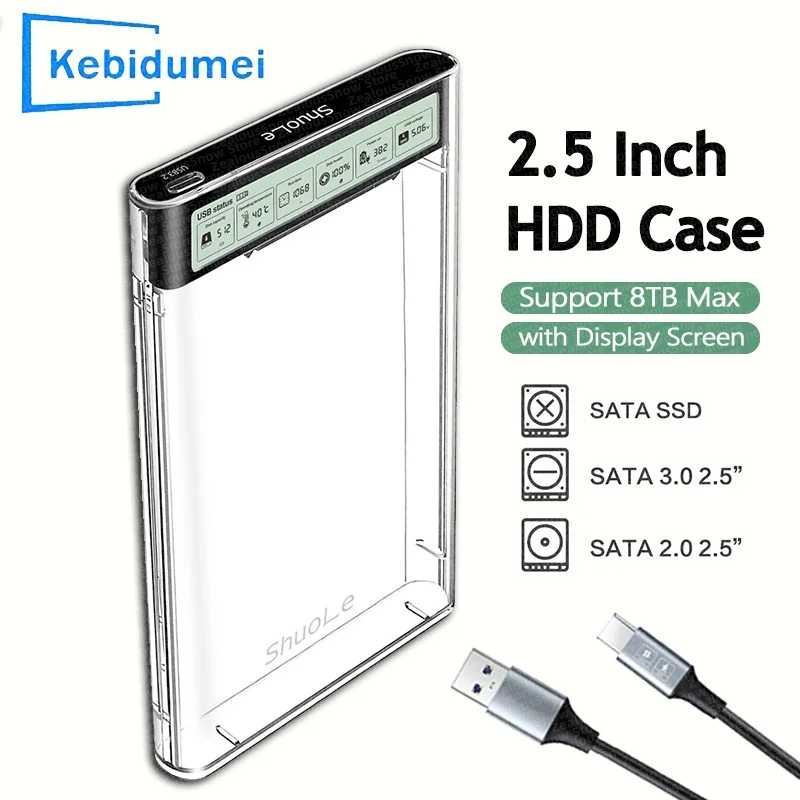 USB3.2 HDD Корпус 2,5-дюймовый HDD SSD Внешний жесткий диск с экраном дисплея Прозрачный портативный чехол для хранения для портативных ПК Хранение данных