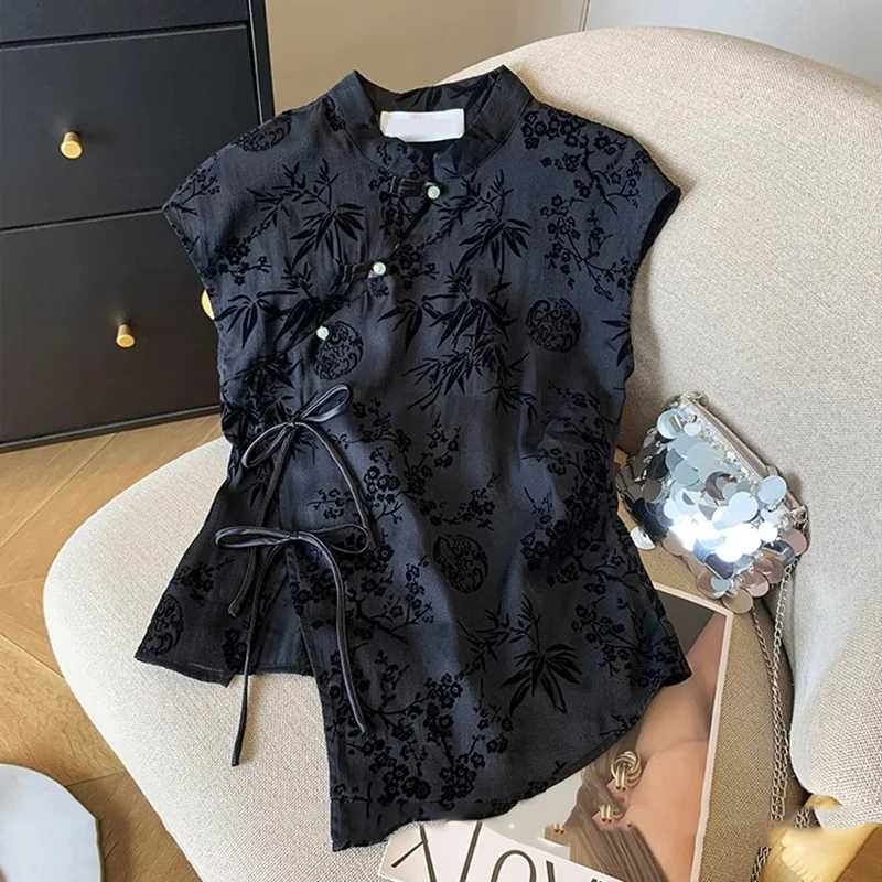 Тонкая рубашка в стиле ретро, новый топ Cheongsam в китайском стиле, черная жаккардовая футболка с короткими рукавами, летняя модная женская одежда для взрослых Женские топы