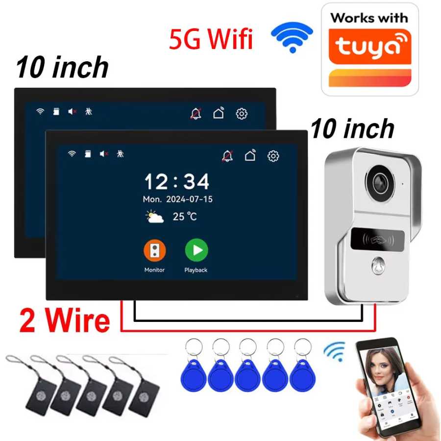 Новая 2-проводная цифровая видеодомофонная система, 2 шт., 10-дюймовый Wi-Fi монитор, 1080P, камера домофона, видеокарта дверного звонка, разблокировка приложения Tuya Доступ к автоматизации здания