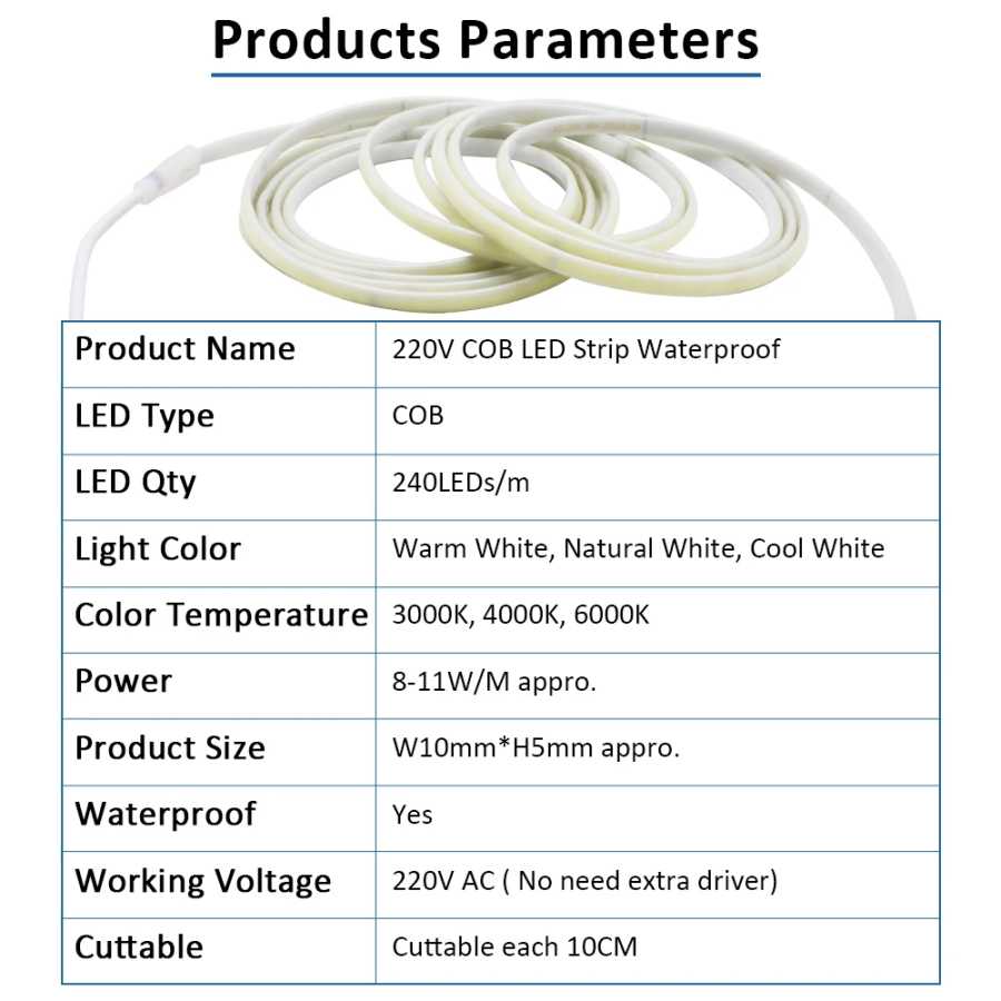 Фотография №4 товара AC220V COB Светодиодная лента IP67 Водонепроницаемая гибкая лента 2-контактный провод/EU