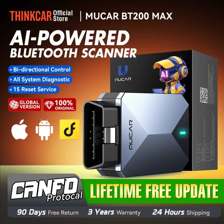 Автосканер MUCAR BT200 MAX AI с поддержкой OBD2, Bluetooth, двунаправленной связи CANFD, 15 функций сброса, полная диагностика всех систем для всех автомобилей, пожизненная бесплатная подписка. Инструмент для ремонта автомобилей