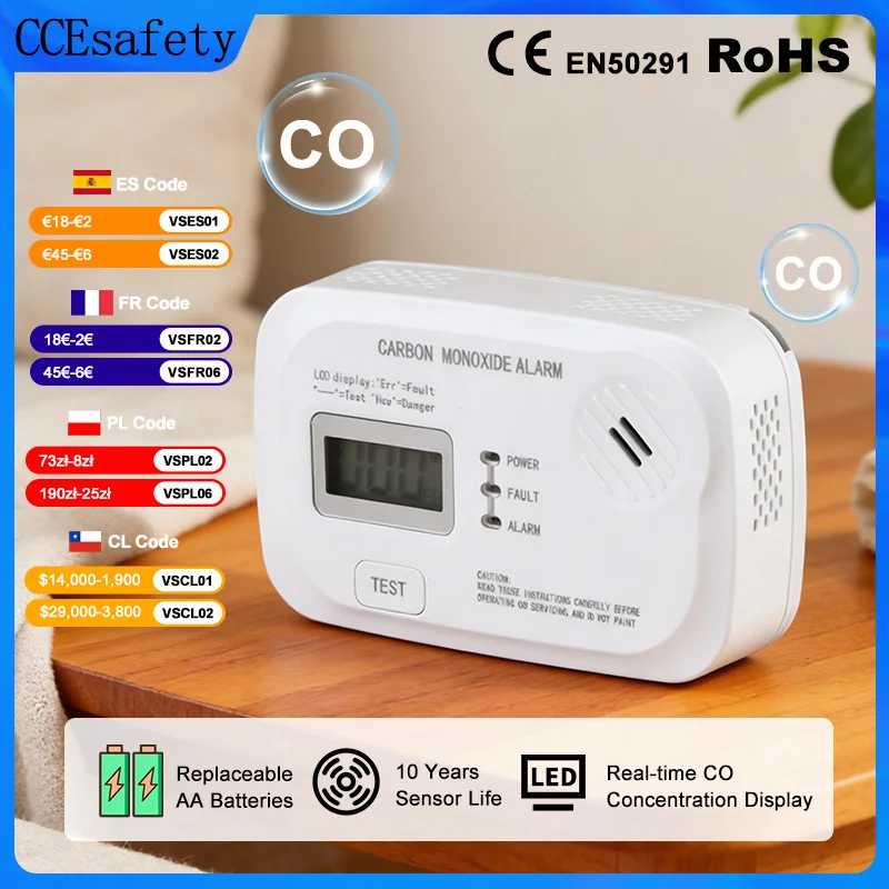 Детектор угарного газа CCEsafety CA12, стандарт EN50291, с датчиком CO на 10 лет, сигнализация угарного газа для дома, автофургона, путешествий, работает от батареек типа АА. Доступ к автоматизации здания