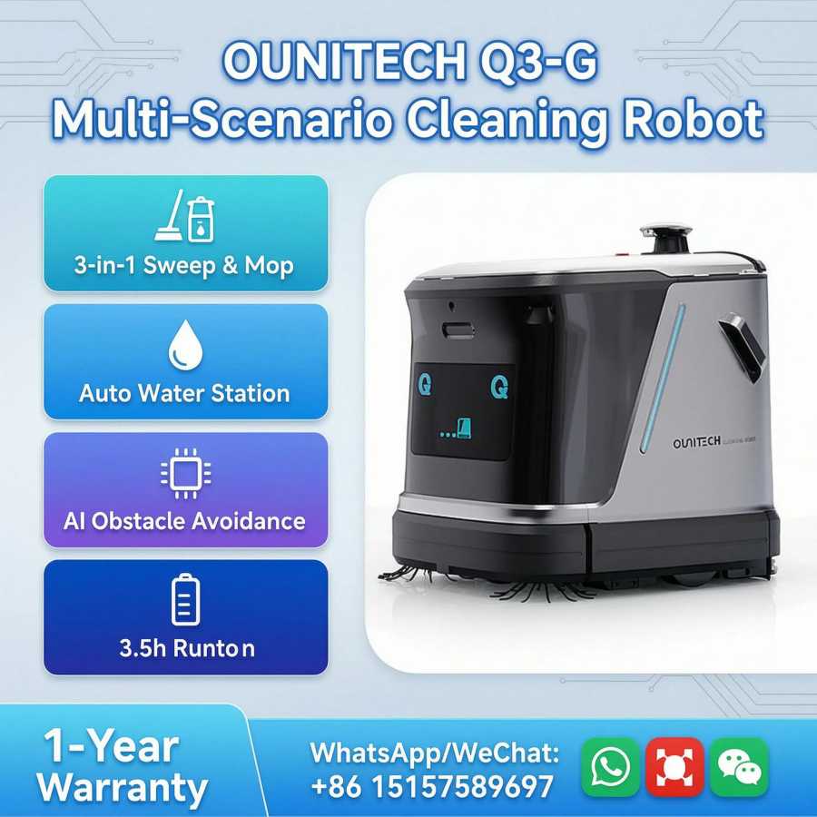 Робот для уборки полов OUNITECH Q3-G коммерческого класса 3-в-1: подметание, мытье, вакуумная уборка, автоматическая станция для очистки воды, ИИ-система предотвращения препятствий, для различных сценариев применения Техника для бизнеса