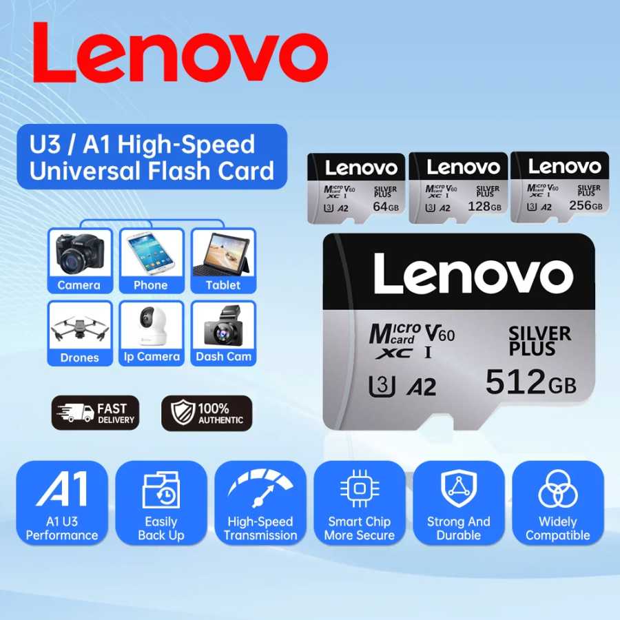 Высокоскоростная карта памяти Lenovo Micro TF SD 128 ГБ, класс 10, U3, V30, скорость до 100 МБ/с, для камеры, дрона, видеорегистратора, водонепроницаемая. Сетевое оборудование