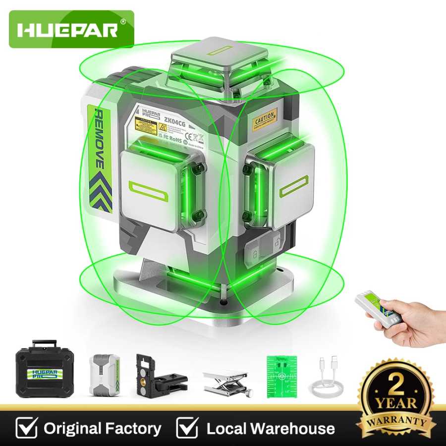 Huepar ZK04CG-L 4D 16-линейный лазерный уровень &plusmn; 2 мм Высокоточный самовыравнивающийся лазер с зеленым лучом и перекрестной линией с литий-ионной батареей емкостью 8000 мАч Инструменты для измерения и анализа
