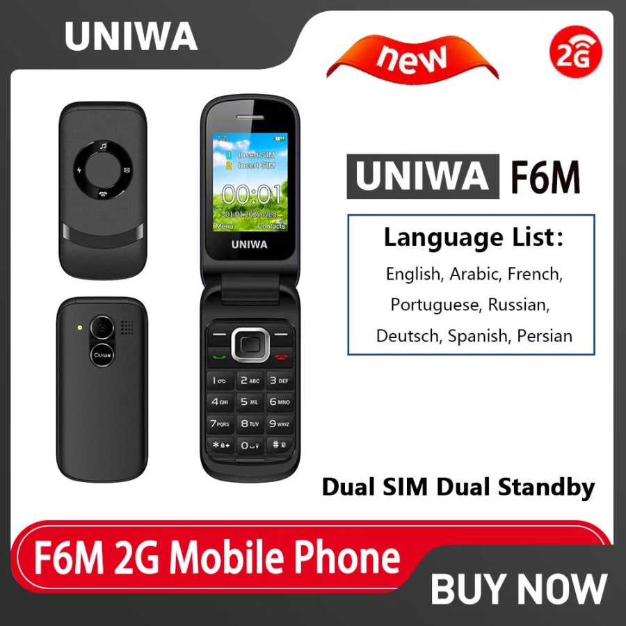 UNIWA F6M НОВЫЙ 2.4-дюймовый GSM-телефон-раскладушка с чипом MT6261D, большими кнопками, съемной батареей 1000 мАч, для пожилых людей, с двумя SIM-картами, MP3/MP4, BT 3.0 Мобильные телефоны