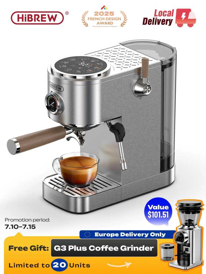 Полуавтоматическая кофемашина HiBREW для эспрессо, приготовление американо одним нажатием, регулировка температуры, 20 бар, приготовление холодного кофе, капучино H13 Техника для кухни