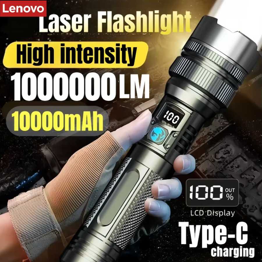Суперяркий светодиодный фонарь Lenovo 1000000LM, перезаряжаемый, с USB-C, цифровым дисплеем, водонепроницаемый IPX8, долговечный, для кемпинга и экстренных ситуаций Портативное освещение