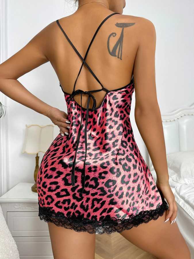 Фотография №5 товара Lace Trim Leopard Nightdress V Neck Backless Side Split Slip