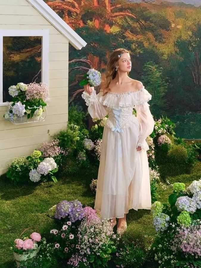 Фотография №4 товара Платье в стиле винтажной французской лолиты с кружевными вставками, тонкая