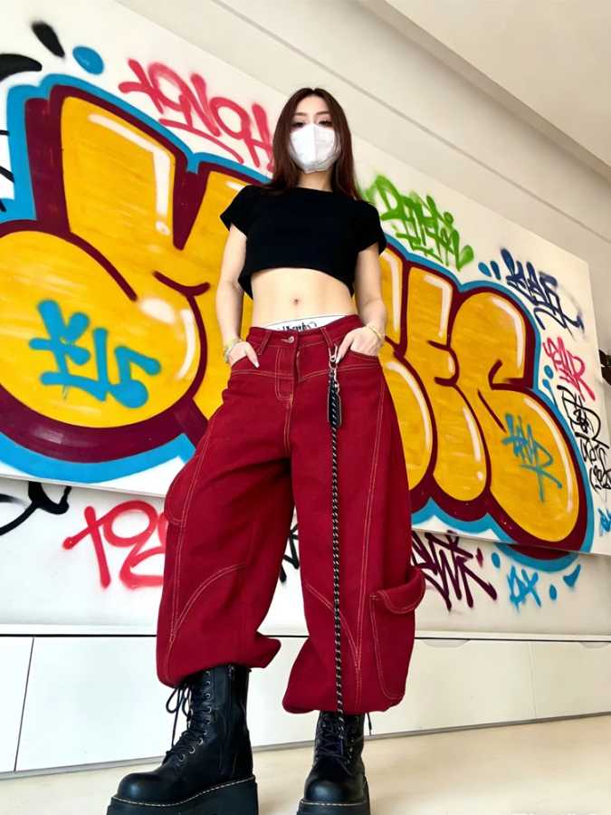 Фотография №4 товара Уличные винтажные джинсы, новые Y2K Harajuku, красные уличные мешковатые джинсы,
