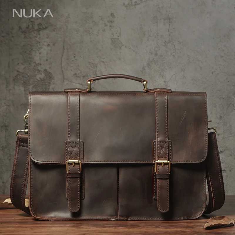 NUKA мужской исполнительный портфель из натуральной кожи, деловая сумка из воловьей кожи, винтажная сумка на плечо, мужская офисная сумка-мессенджер для ноутбука Деловая сумка для ноутбука для поездок на работу