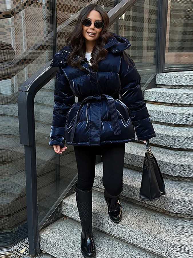 Фотография №2 товара Женская глянцевая осенне-зимняя хлопковая стеганая куртка с капюшоном, свободное теплое