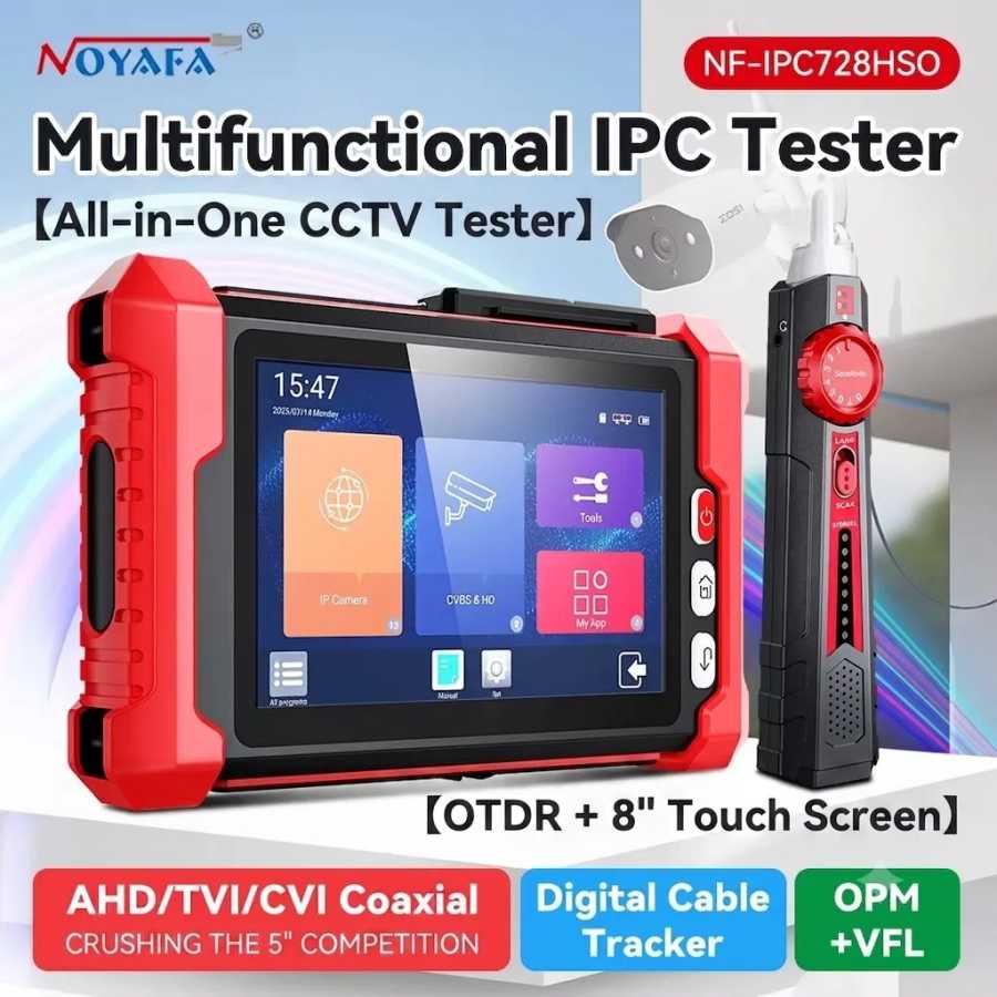 NOYAFA NF-IPC728HSO 8-дюймовый монитор-тестер для систем видеонаблюдения с OTDR, тестер IP-камер 8K, тестер кабелей 4K HDMI VGA TDR 48V PoE DC12V 24V Видеонаблюдение
