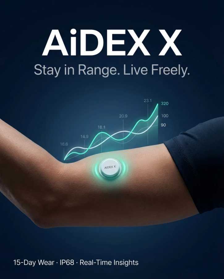 AiDEX X Smart Biosensor Patch: 15-дневный непрерывный монитор метаболизма | Информация о уровнях глюкозы в реальном времени | Водонепроницаемость IP68 | Без пальцев Функциональная одежда