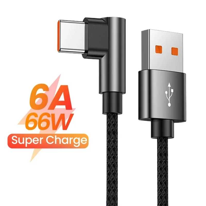 Кабель для быстрой зарядки 6A 66 Вт, тип C, USB для Huawei Xiaomi 14 Redmi Honor OPPO Realme POCO, угловой зарядный кабель 90 градусов для игр Аксессуары для мобильных телефонов