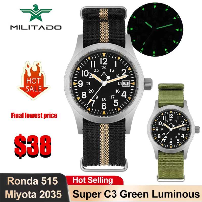 Militado ML05 38 мм Кварцевые часы Miyota 2035/Ronda 515 Часы с механизмом Куполообразные с сапфировым стеклом Светящиеся водонепроницаемые часы 100 м Мужские часы