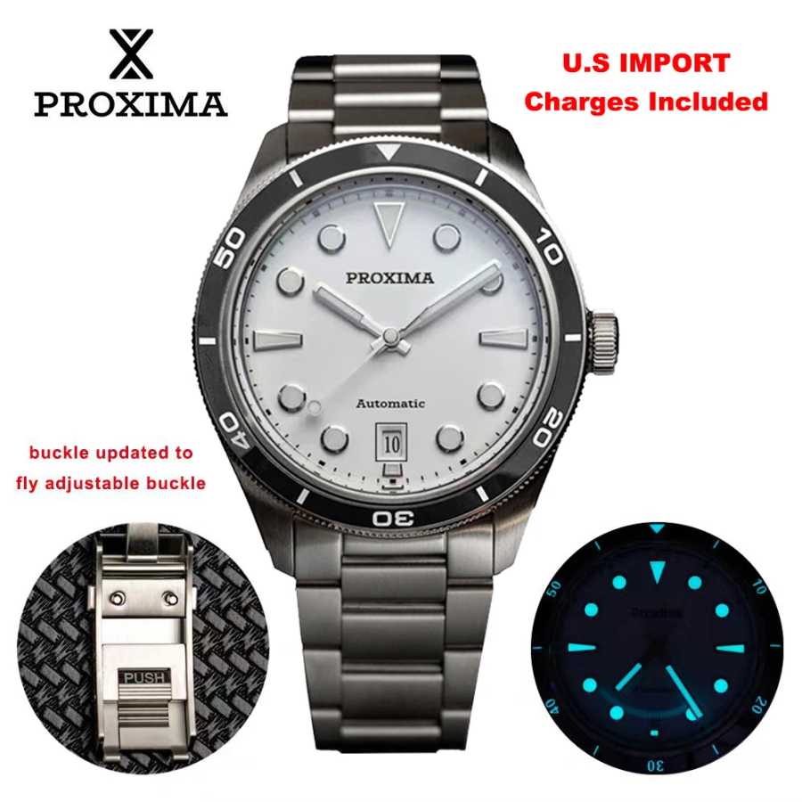 Proxima PX1697 39 мм мужские часы с белым эмалевым циферблатом Bubble Sapphire PT5000 SW200 автоматические механические винтажные часы 20 бар светящиеся Мужские часы