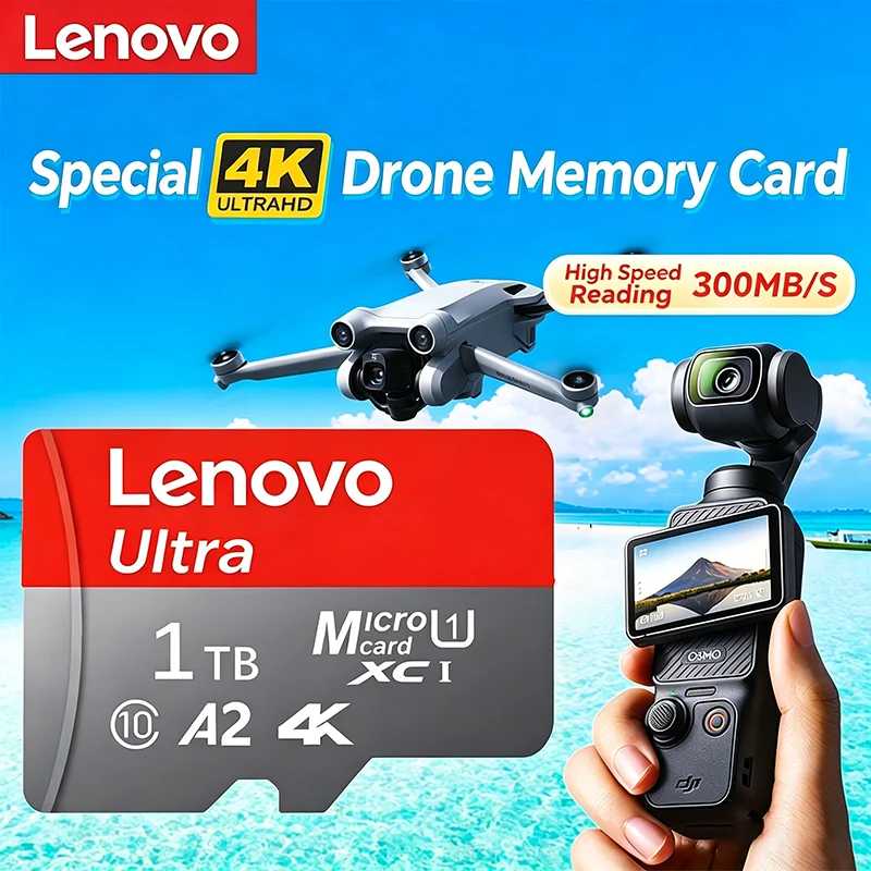 Карта памяти Lenovo 2026 New High Speed Micro SD 1 ТБ 512 ГБ 256 ГБ Class 10 TF Flash для iPhone, дронов, автомобильных камер Умная электроника