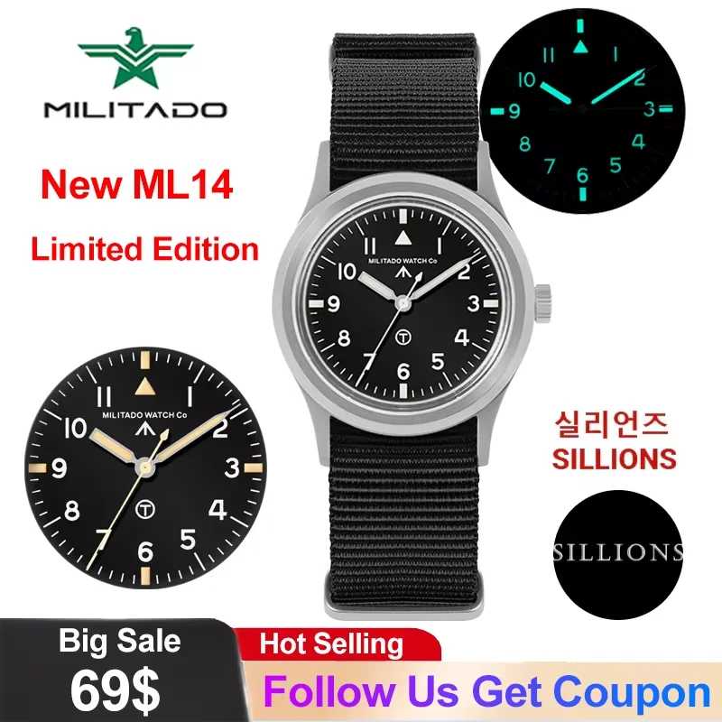 Кварцевые часы Militado ML14 Limited Edition с механизмом VH31, секундным стрелочным механизмом, сапфировым стеклом и люминесцентным покрытием BGW9 C3, мужские часы. Мужские часы