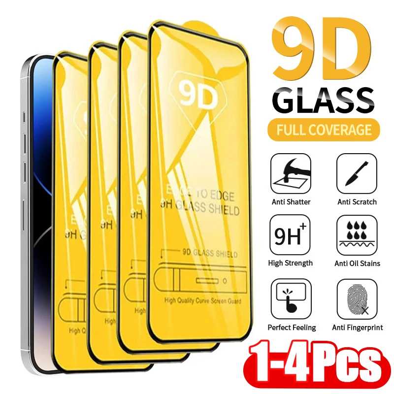 1-4 шт. 9D защитное стекло для iPhone 16 15 11 12 13 14 Pro Max 15Plus Защитная пленка для экрана для iPhone XR X XS MAX закаленное стекло Защитная пленка для мобильного телефона